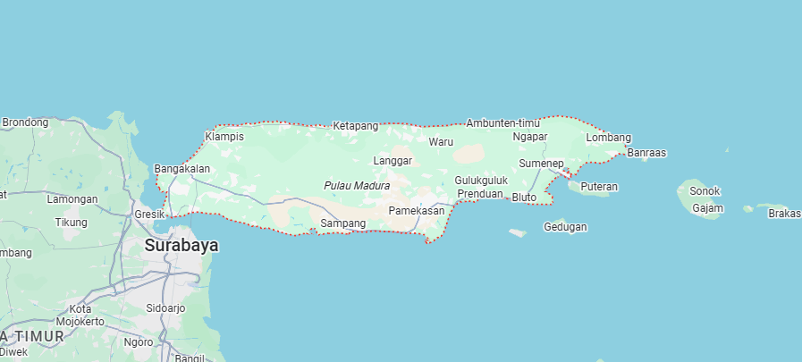 Map of Madura showing Bangkalan, Sampang, Pamekasan, and Sumenep regions